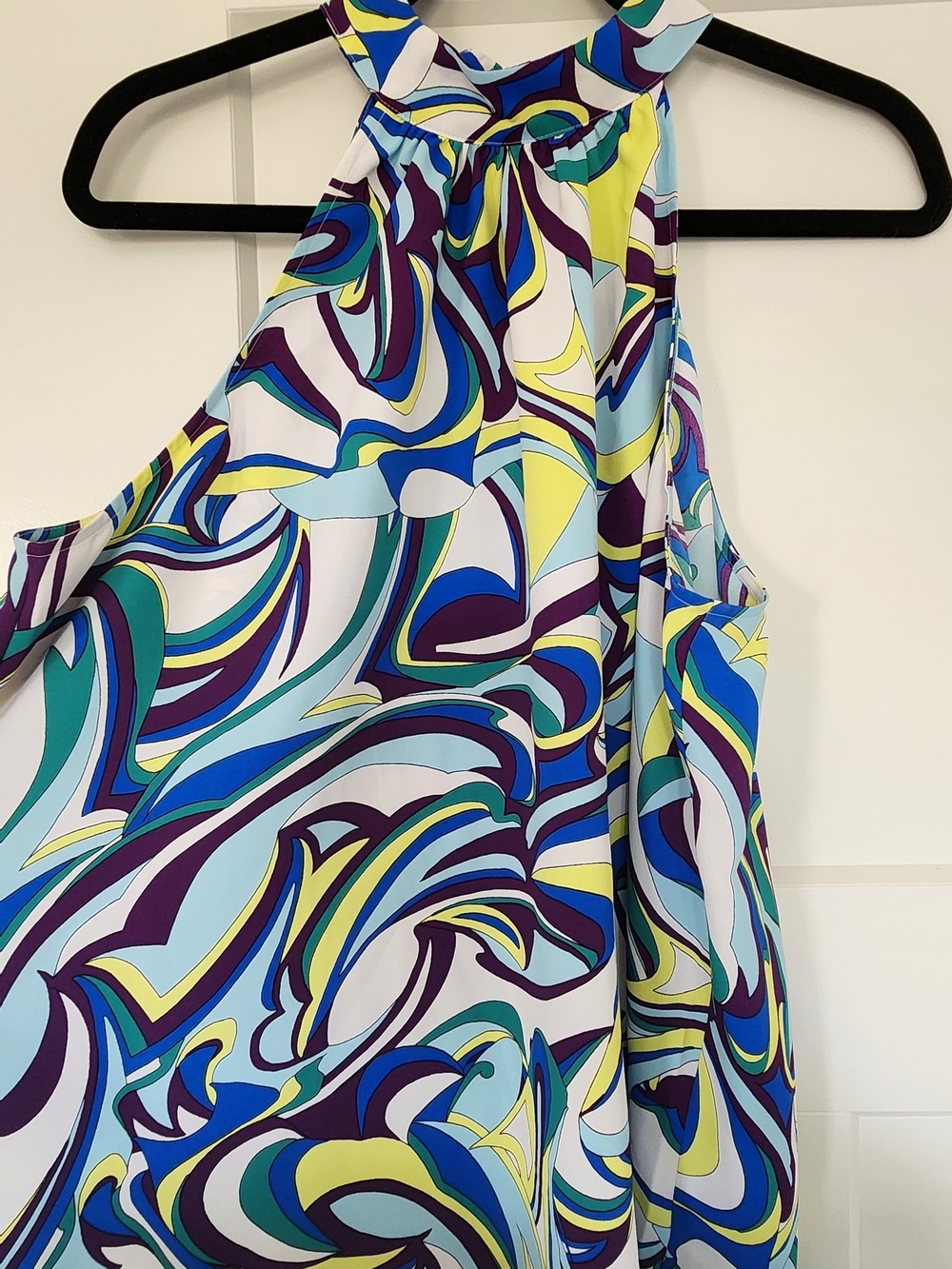 Express Multicolor Abstract Halter Top — Blue, Teal, Purple, Yellow, White